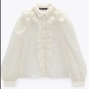 Zara Cream Ruffled Button Down Shirt